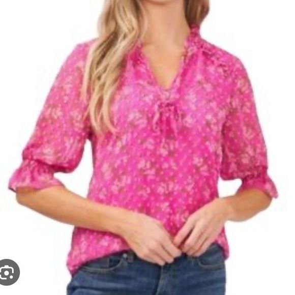 CeCe Tops - Pink Floral Swiss Dot Top